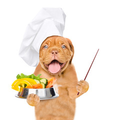 Poster - Funny puppy wearing a chef's hat with a bowl of vegetables pointing away on empty space. isolated on white background