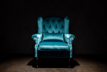 Elegant Velour Blue Armchair Isolated On Black