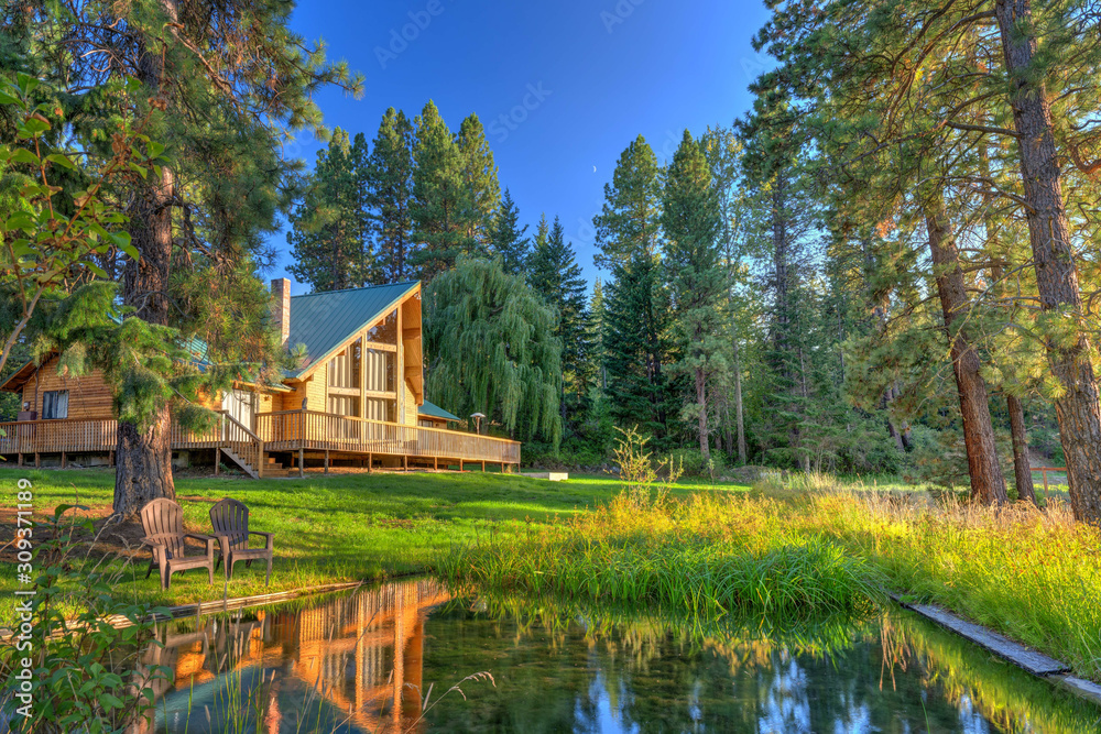 Luxury Cedar cabin home with Large porch, pine trees and pond - obrazy, fototapety, plakaty 