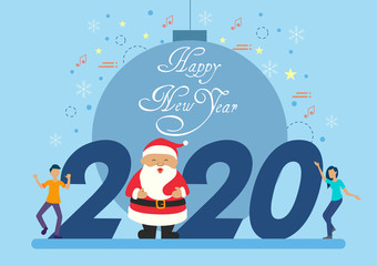 Sticker - illustration of people celebrating Merry Christmas and Happy New Year 2020 on holiday background