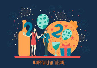 Sticker - illustration of people celebrating Merry Christmas and Happy New Year 2020 on holiday background