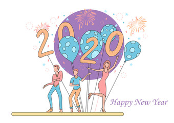 Poster - illustration of people celebrating Merry Christmas and Happy New Year 2020 on holiday background