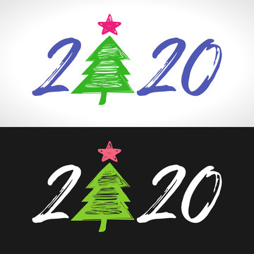 2020 logo. Merry Christmas and A Happy New Year seasonal calender numbers concept in brushing style script. Abstract isolated graphic web design template. Creative set of ideas, black white background