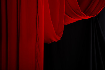 red curtain drape wave with studio lighting, black with curve wallpaper background texture detail sh
