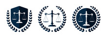 Law Firm Logo Set. Law Office Logotypes Set With Scales Of Justice. Symbols Of Legal Centers Or Law Advocates. Scales Of Justice Icons.