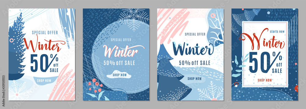 Winter sale poster set background. Winter-time gift discount offer banners in whimsical memphis modern flat style. Christmas ad flyer with snow, fir tree, snowflakes and texture graphic elements - obrazy, fototapety, plakaty 
