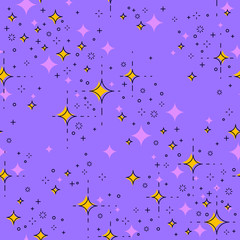 Space seamless background with stars, undiscovered galaxy cosmic fantastic and interesting textile fabric for children, endless tiling pattern, vector illustration.