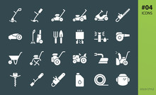 Gardening Tools Solid Icons Set. Set Of Lawn Mower Riding Mini Tractor, Earth Auger Drill, Hedge Cutters, Electric Grass Trimmer, Garden Power Pruner, Tree Chipper, Brush Shredder Solid Vector Icon