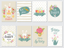Set Of Happy Easter Card Templates With Eggs Flowers Floral Frames Wreaths Rabbit Typographic Design