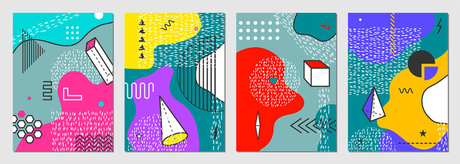 Poster - Memphis abstract pattern background with flat splash shape and geometric figures element. Texture poster in bright color. Graphic design in simple modern trendy style