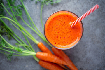 Overhead view of healthy and  delicious homemade carrot juice