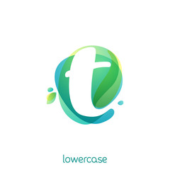 Wall Mural - Ecology lowercase letter t logo. Overlapping watercolor font with green leaves.