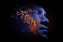 Abstract Digital Human Face.  Artificial Intelligence Concept Of Big Data Or Cyber Security. 3D Illustration 