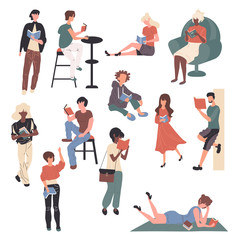 Aufkleber - College students studying cartoon characters set. Young people reading books flat vector illustrations pack. High school, university pupils preparing for exams. Education, learning design elements