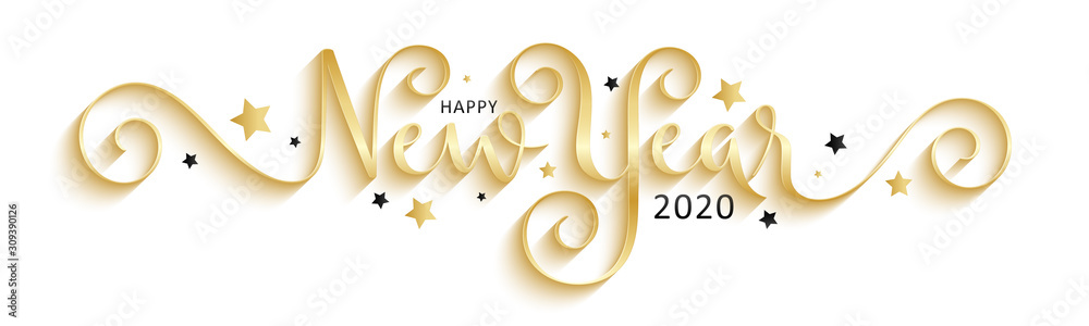 HAPPY NEW YEAR 2020 black and gold vector brush calligraphy banner with ...