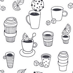 Wall Mural - Tea time vector seamless pattern, coffee break background, hand drawn doodle plastic coffee and tea cups with dessert, sugar, lemon, mint on floral leaf background