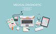 © mitay20 - Healthcare, hospital and medical diagnostics concept. Web banner with top view of doctors desk, medical equipment