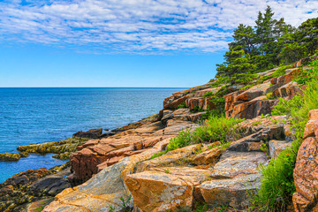 View of the rocky coastline in Acadia National Park, Maine