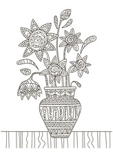 Hand Drawing Coloring Book For Children And Adults. A Beautiful Pattern With Small Details For Creativity. Antistress Decor Still Life With Sunflowers In Vase As In The Pictures Of Van Gogh.