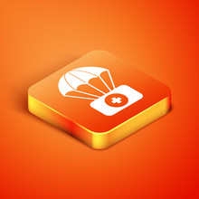Isometric Parachute With First Aid Kit Icon Isolated On Orange Background. Medical Insurance. Vector Illustration