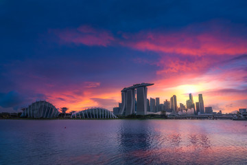 Singapore skyline, Cityscape skyscrapers with dramatic colourful sunset sky, Singapore city, Singapore.