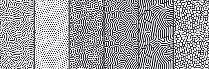 set of organic seamless patterns with rounded lines, drips. diffusion reaction background. linear de