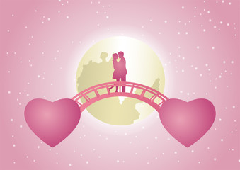 couple hug together and kiss on bridge that link between flying heart shape. concept art mean love link by heart