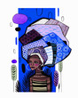 Illustration of an african american girl on a background of classic blue pantone 2020 vertical stripe.Watercolor futuristic work with graphic elements for your contemporary fashion design.