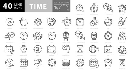 Wall Mural - simple set of time related vector line icons. contains such icons as time inspection, log, calendar 