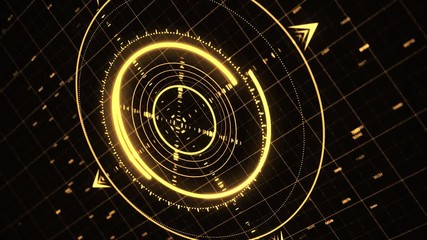 Poster - Digitally generated animation of targeting system with a yellow glow and program codes running on black background, seamless loop. Animation. Technology concept.