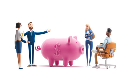 Wall Mural - Deposit. Piggy bank. Bank team. 3d illustration.  Cartoon characters. Business teamwork concept. 