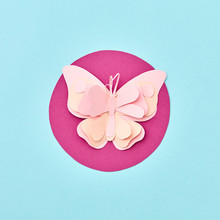 Handcraft Paper Pink Butterfly On A Red Round Frame On A Light Blue Bakground With Copy Space. Flat Lay