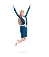 3d Illustration. Young Business Woman Emma Jumping Celebrating Victory