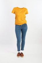 Empty Clothes Invisible Sexy Woman Wearing Yellow T Shirt And Tight Jeans With Shoes Posing Front View