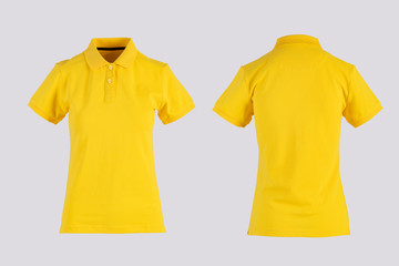 Wall Mural - yellow womens blank polo shirt, front and back view isolated on white on invisible mannequin