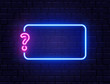 Neon quiz banner. Glowing question mark. Color neon banner on brick wall. Realistic bright night signboard. Shining neon effect. Vector illustration