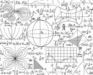 Sticker - Scientific math vector seamless background with handwritten mathematical and physical formulas, plots and figures