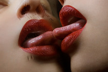 Red Lips French Kissing In The Mirror Closeup