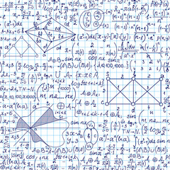 Mathematics vector seamless pattern with handwritten algebra and discrete math formulas, functions, calculations