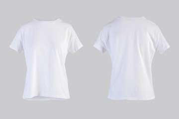 Wall Mural - Blank white female t-shirt Isolated on white background front and back rear view on invisible mannequin