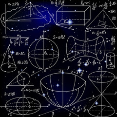 Wall Mural - Beautiful vector seamless pattern with mathematical figures, plots and formulas, handwritten on the starry space background