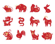Chinese New Year, Zodiac Signs, Papercut Icons And Symbols. Vector Illustrations