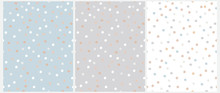 Simple Hand Drawn Irregular Dots Vector Patterns. Blue, Brown, White And Beige Dots On A Gray, Blue And White Background. Infantile Style Abstract Dotted Vector Print Ideal For Fabric, Textile, Cover.