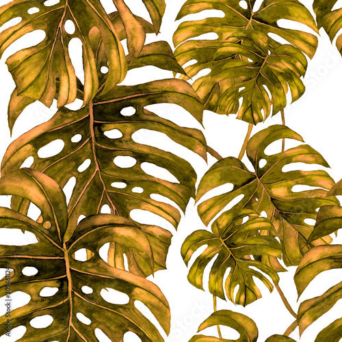 Watercolor seamless pattern with tropical leaves and flowers. Beautiful allov...