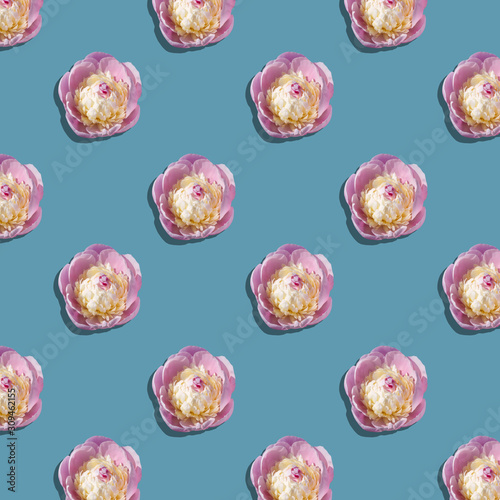 Patern pink peonies with a yellow center