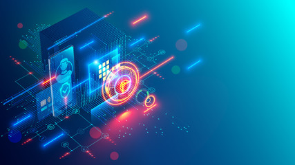 Leinwandbilder - Mobile internet banking abstract conceptual blue background. Digital safe deposit with online access via app on smartphone. Protection Banking card for web shopping. NFC technology contactless payment