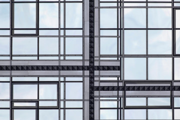 Poster - Realistic though unreal reworked photo of modern glass architecture. Windows of different shapes. Financial business building. Hi-tech composition with rectangular frames background and sky reflection