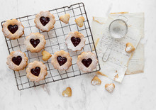 Valentine Heart Cookies With Baking Sieve And Old Hand Written Recipes