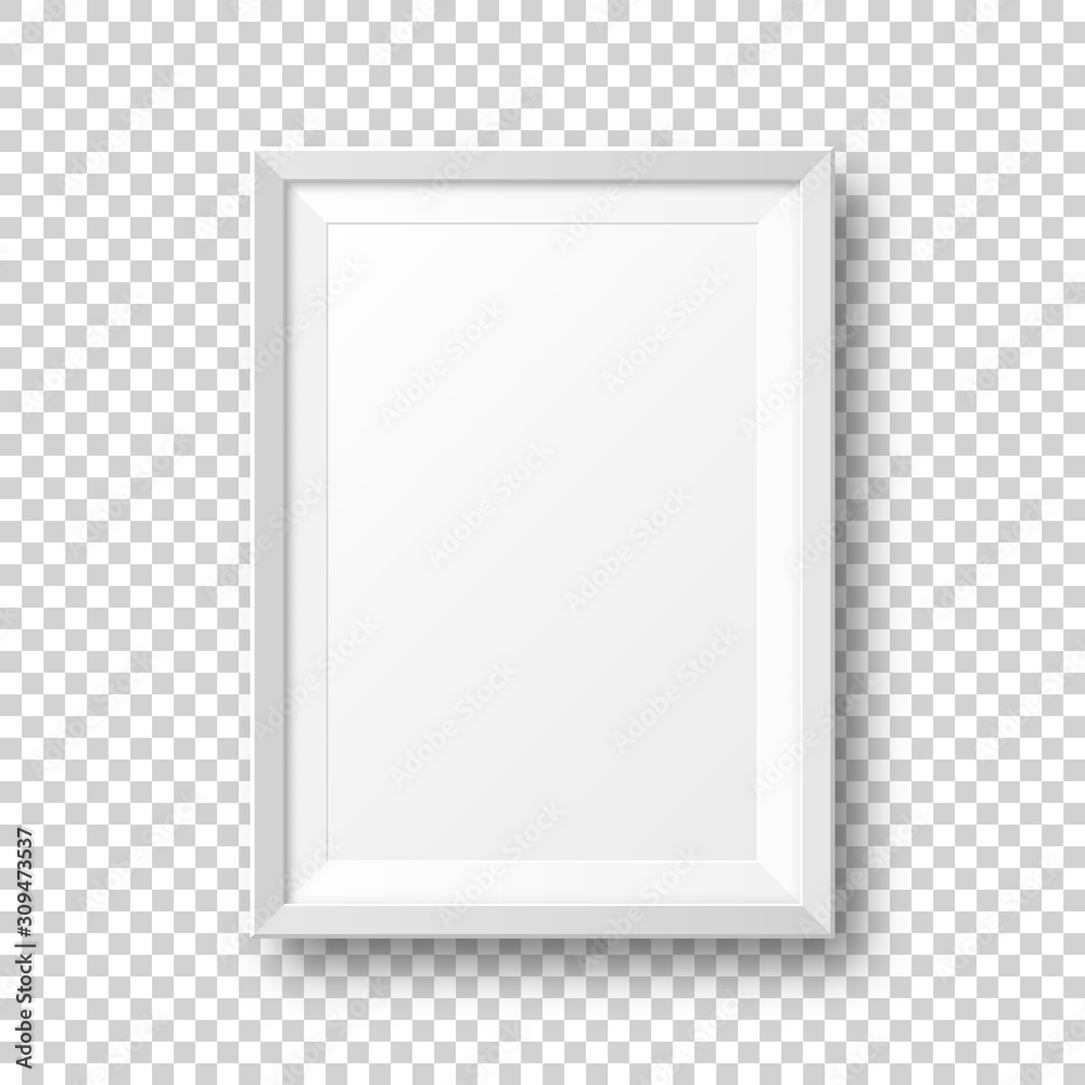 Realistic blank white picture frame with shadow isolated on transparent background. Modern poster mockup. Empty photo frame for art gallery or interior. Vector illustration. - obrazy, fototapety, plakaty 