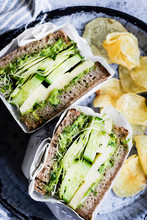 A Healthy Cheese And Green Salad Sandwich On Brown Bread, With Cucumber And Cress.